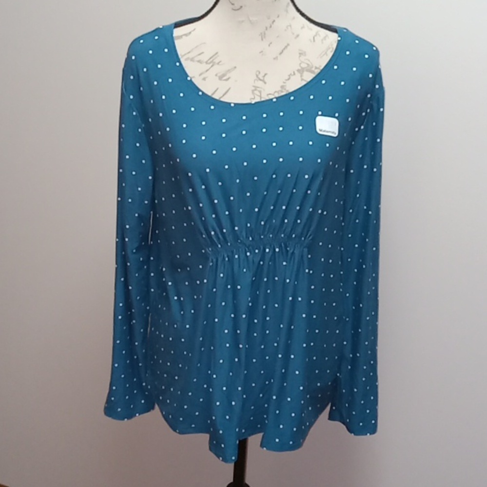 Time and Tru Large (12-14) Teal white polka dots Maternity long sleeve t…